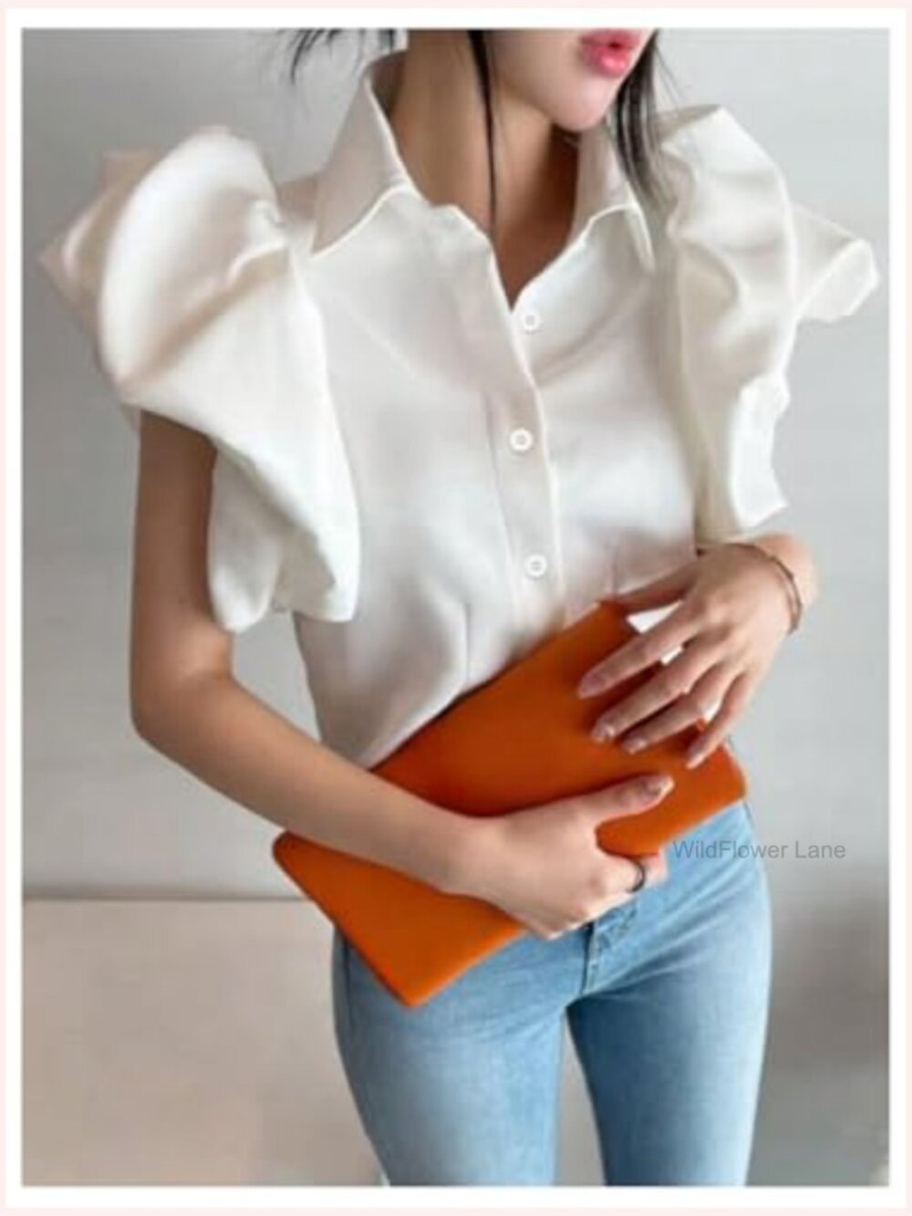 Short Puffy Sleeve Button Down Blouse Business Casual Summer Work Top - Picture 4 of 4